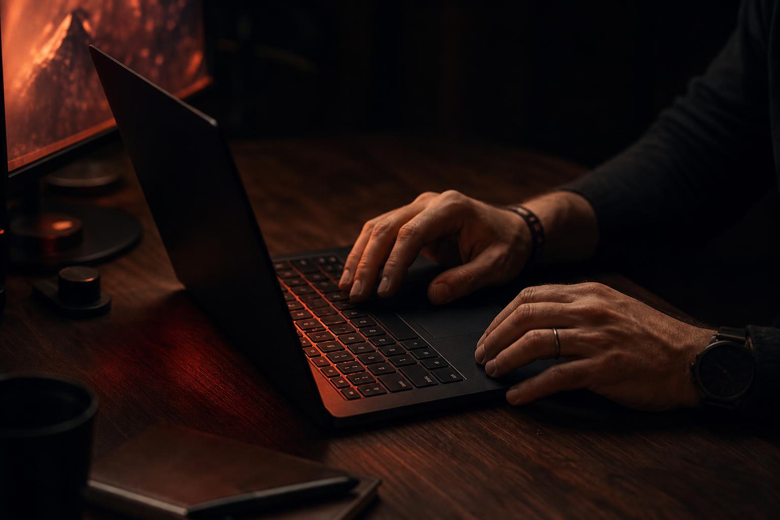 Hands building software at a dark desk, lit by a single warm monitor.