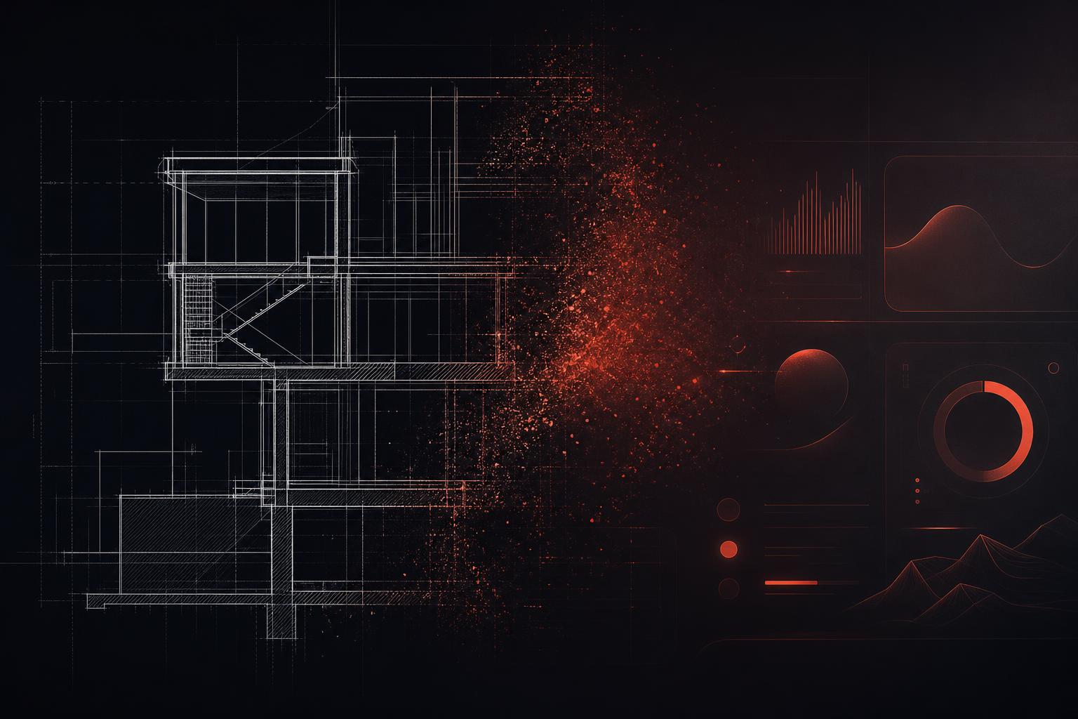 Strativra brand visual: an architectural blueprint dissolving into a working interface, lit with a warm ember accent.