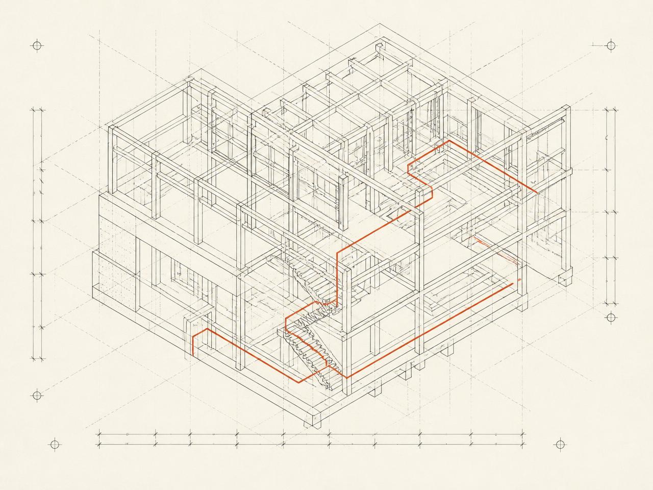 Strativra brand visual: an architectural blueprint dissolving into a working interface, lit with a warm ember accent.