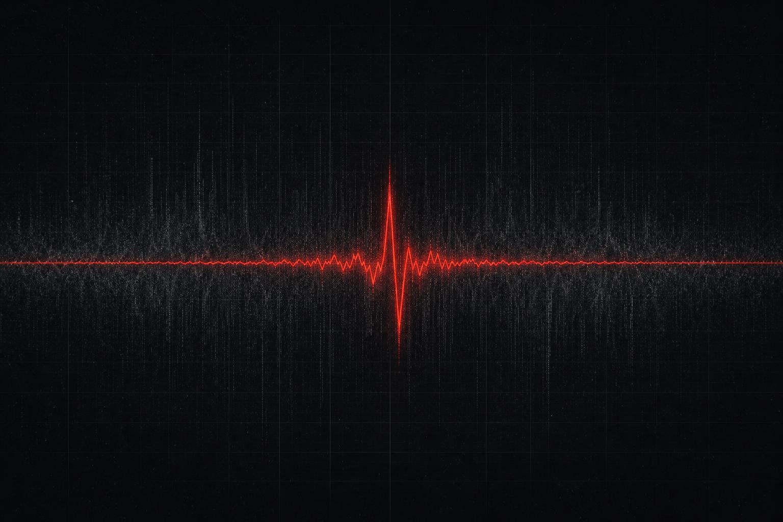 A single sharp red signal cutting through soft grey noise. Clarity emerging from data.