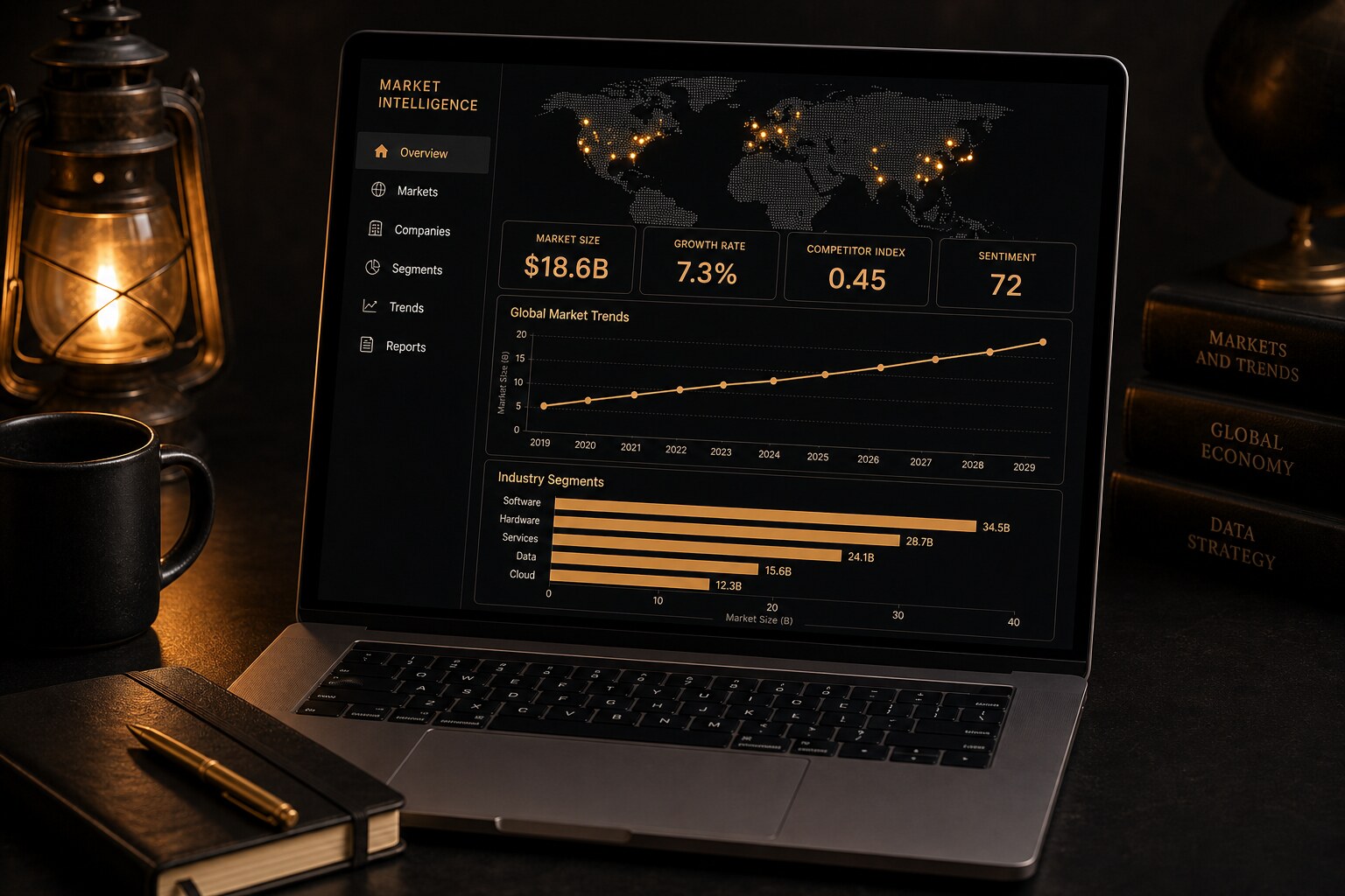 Market intelligence dashboard with global market map, KPIs and segment charts